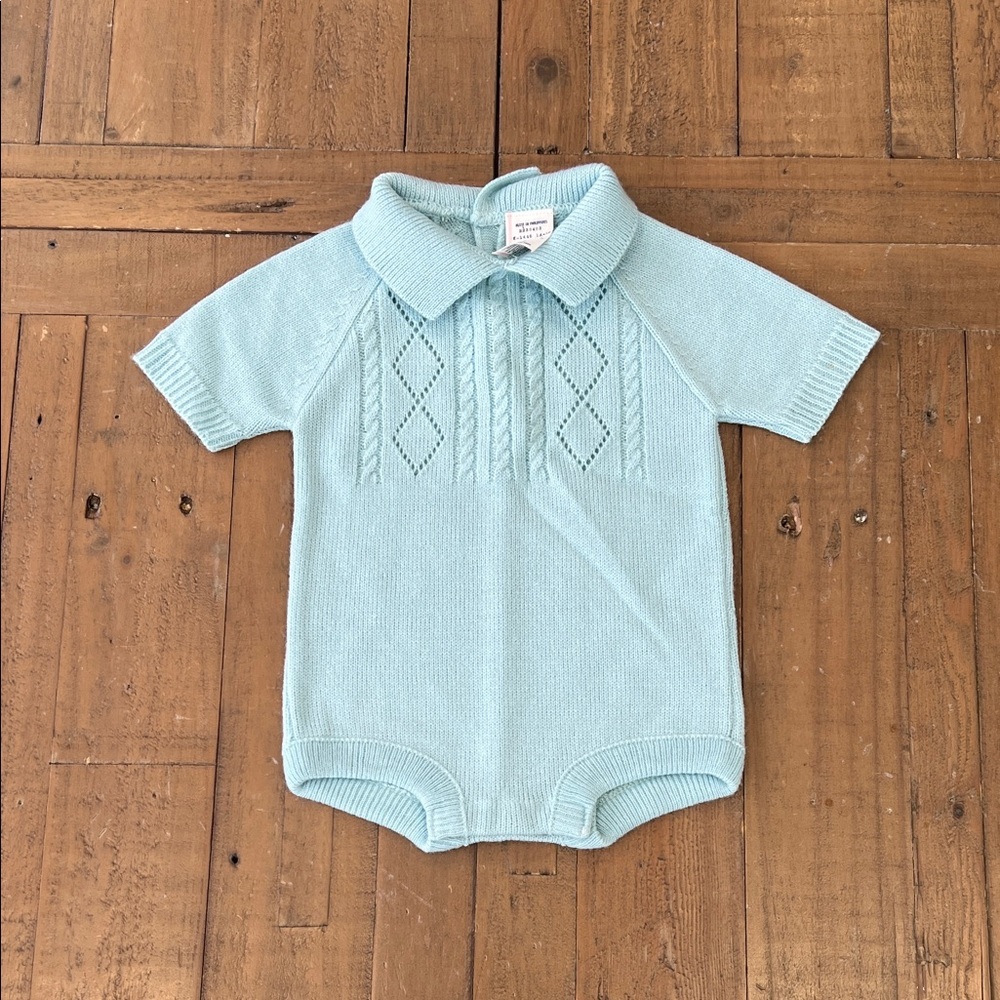 Vintage 90s knit sweater romper 6-9 months light blue collared short one piece